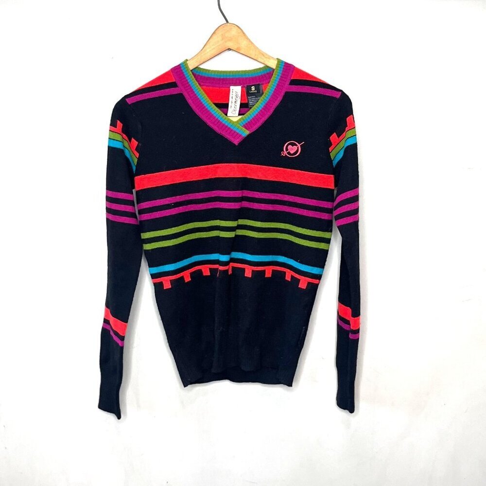 Obermeyer Womens V-Neck Striped Sweater Size S 70% Acrylic 30% Wool Multicolor